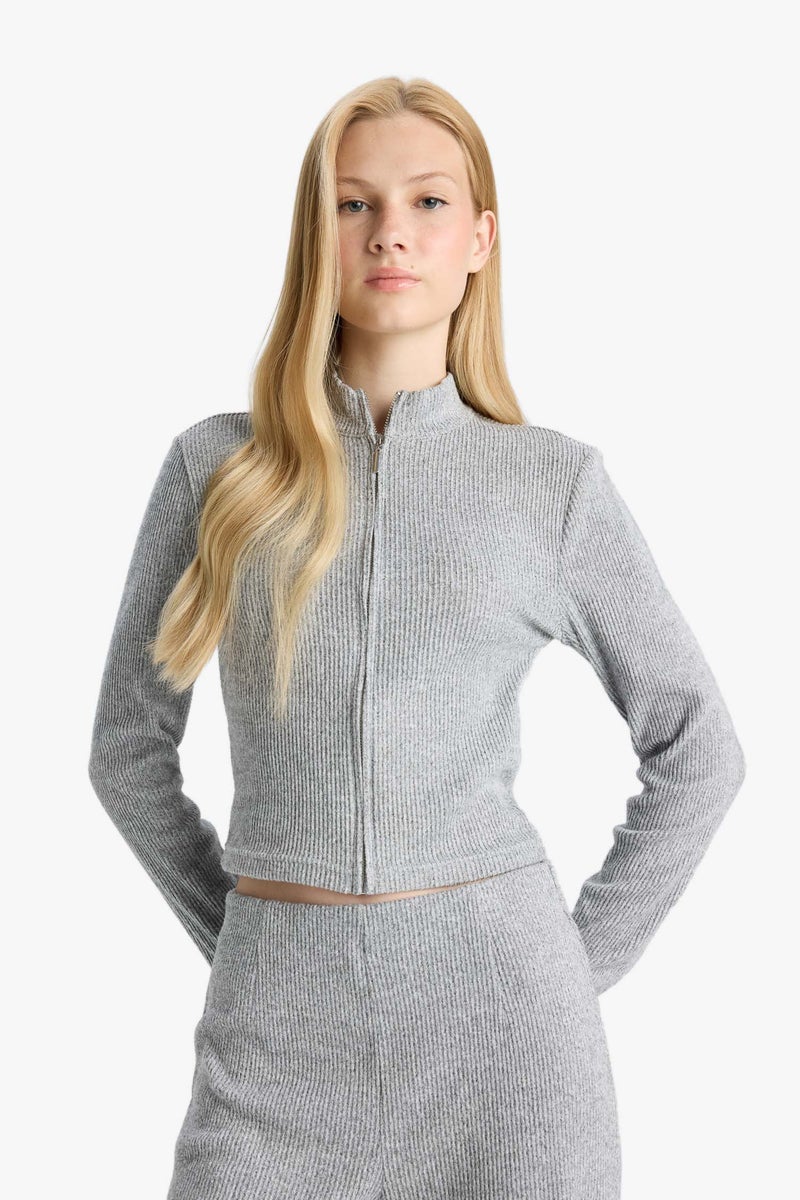DeFacto Grey Woman Turtleneck Zip-Up Cardigan Casual - Image 1