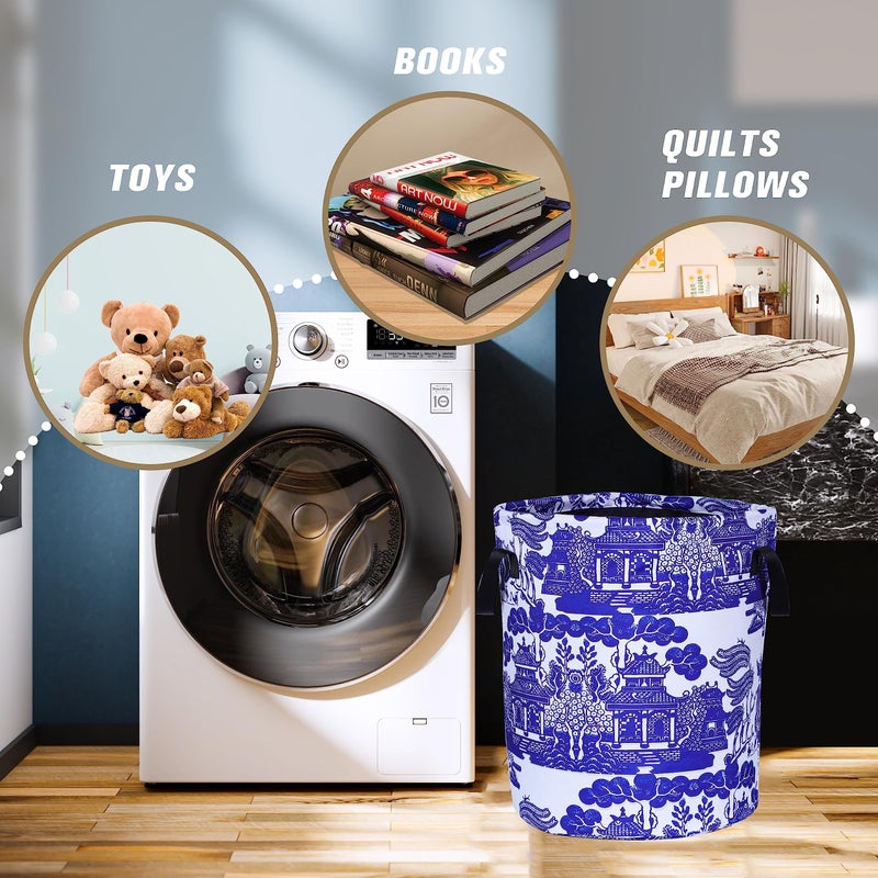 NUTAINLA Blue White Porcelain Laundry Basket Chinoiserie Foldable Oxford Cloth Funny Tote Bag Laundry Hamper Clothes Storage Bucket Organizer For Bathroom/Laundry Storage/Bedroom17.7x13.7 Inch - Image 5