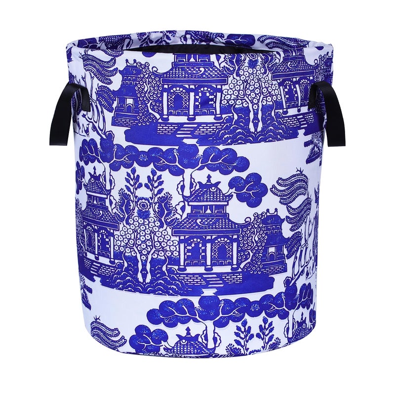 NUTAINLA Blue White Porcelain Laundry Basket Chinoiserie Foldable Oxford Cloth Funny Tote Bag Laundry Hamper Clothes Storage Bucket Organizer For Bathroom/Laundry Storage/Bedroom17.7x13.7 Inch - Image 1