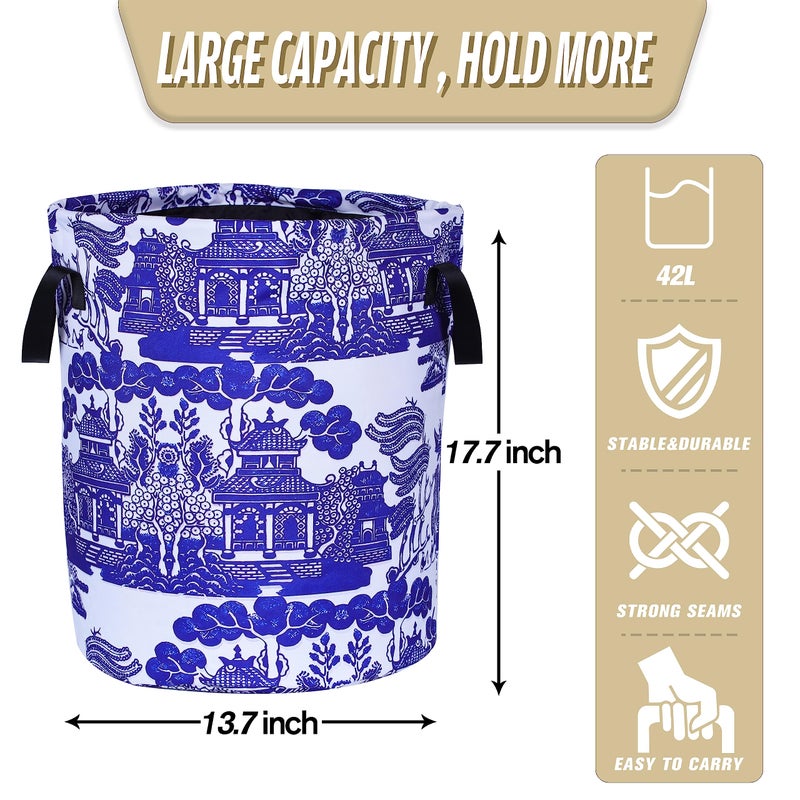 NUTAINLA Blue White Porcelain Laundry Basket Chinoiserie Foldable Oxford Cloth Funny Tote Bag Laundry Hamper Clothes Storage Bucket Organizer For Bathroom/Laundry Storage/Bedroom17.7x13.7 Inch - Image 2