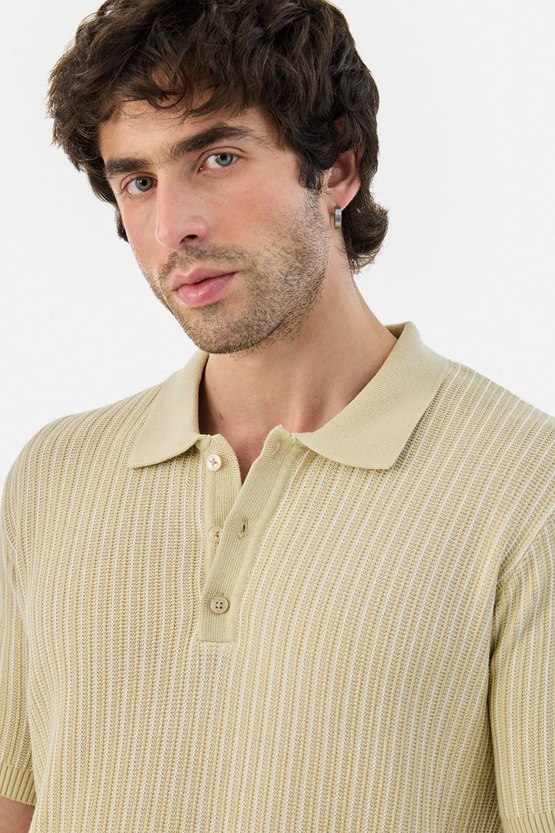 سنيتش Beige Textured Half Sleeve Regular Fit T-Shirt