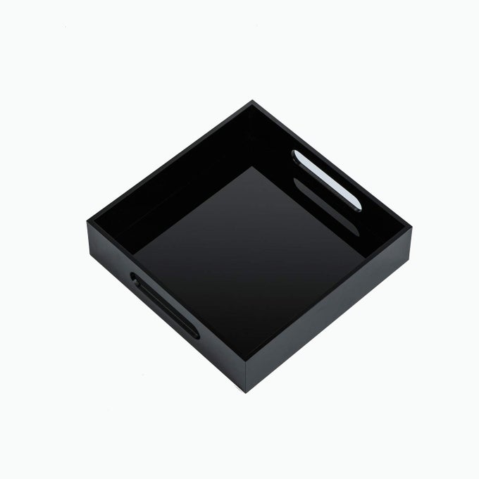 BLACK STURDY ACRYLIC TRAY WITH HANDLES8X8 INCH COUNTERTOP ORGANIZER TRAY FOR KITCHENBATHROOMOFFICE STORAGE BOX FOR COSMETICS JEWELRYTOILETRIESTOYGADGETS