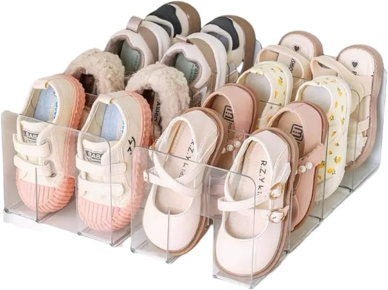 NUOLUTH Clear Acrylic Shoe Rack for Kids 2 Pack Clothing Drawer Organizer Baby Dresser Organizer 4 Sections Stackable Baby Shoe Organizer for Closet, Nursery & Entryway, Toddler Shoe Storage Shelf - Image 1