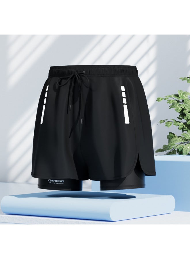 Loquat Swimming Trunks Men's Anti-embarrassment 2023 Quick-drying Large Size Boxer Swimsuit Professional Hot Spring Swimming Full Set Of Equipment-Color:Black 【double-layer Anti-embarrassment】】- - Image 3