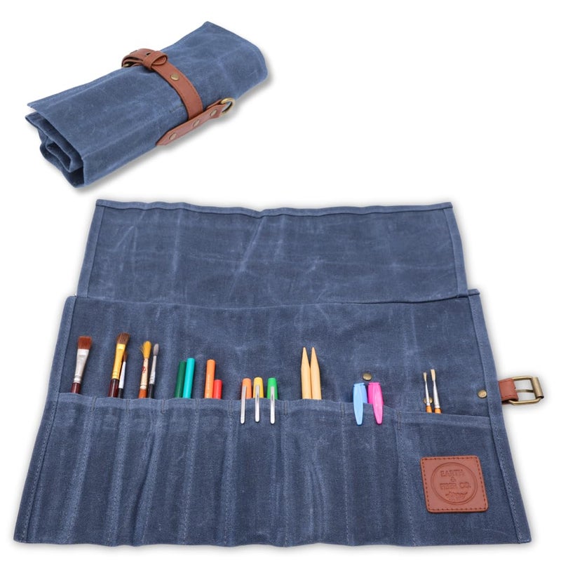 Earth & Fiber Co. Compact Waxed Canvas Paint Brush Holder - Portable Art Bag for Painting & Drawing - Art Supplies Organizer - Storage Roll Bag for Artists - Image 1