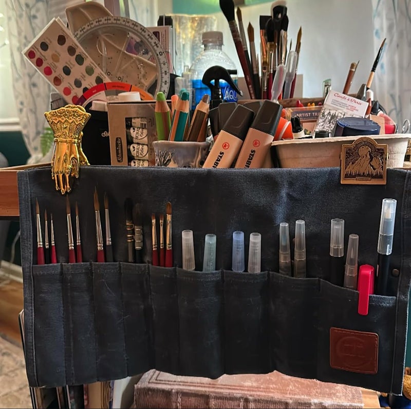 Earth & Fiber Co. Compact Waxed Canvas Paint Brush Holder - Portable Art Bag for Painting & Drawing - Art Supplies Organizer - Storage Roll Bag for Artists - Image 2