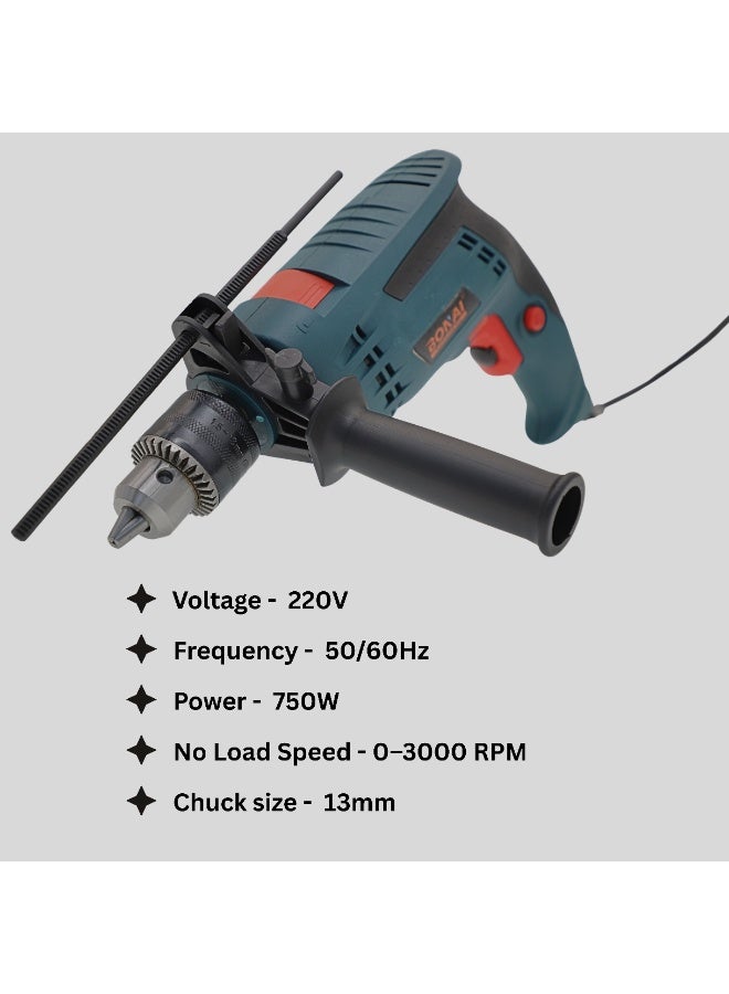 بوناي دريل طرق 750 واط، رأس تثبيت 13 ملم، دريل كهربائي بسرعة متغيرة، حتى 3000 دورة/دقيقة، وضع مزدوج للحفر في الخرسانة والخشب والمعادن، أداة كهربائية سلكية 220 فولت – الموديل BN-HK85 - Image 5