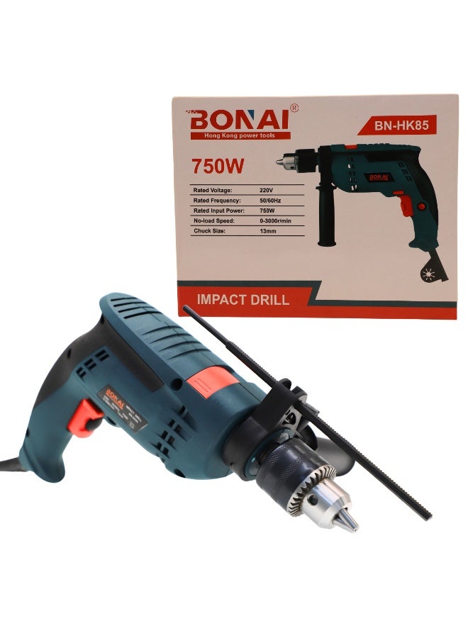 بوناي دريل طرق 750 واط، رأس تثبيت 13 ملم، دريل كهربائي بسرعة متغيرة، حتى 3000 دورة/دقيقة، وضع مزدوج للحفر في الخرسانة والخشب والمعادن، أداة كهربائية سلكية 220 فولت – الموديل BN-HK85 - Image 4