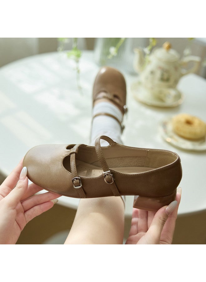 YEARCON أحذية ماري جين بحزام T، 2025 ربيع/خريف جديد ريترو بحزام مزدوج وسماكة كعب عريض للأعمال والتنقل للنساء - Image 2