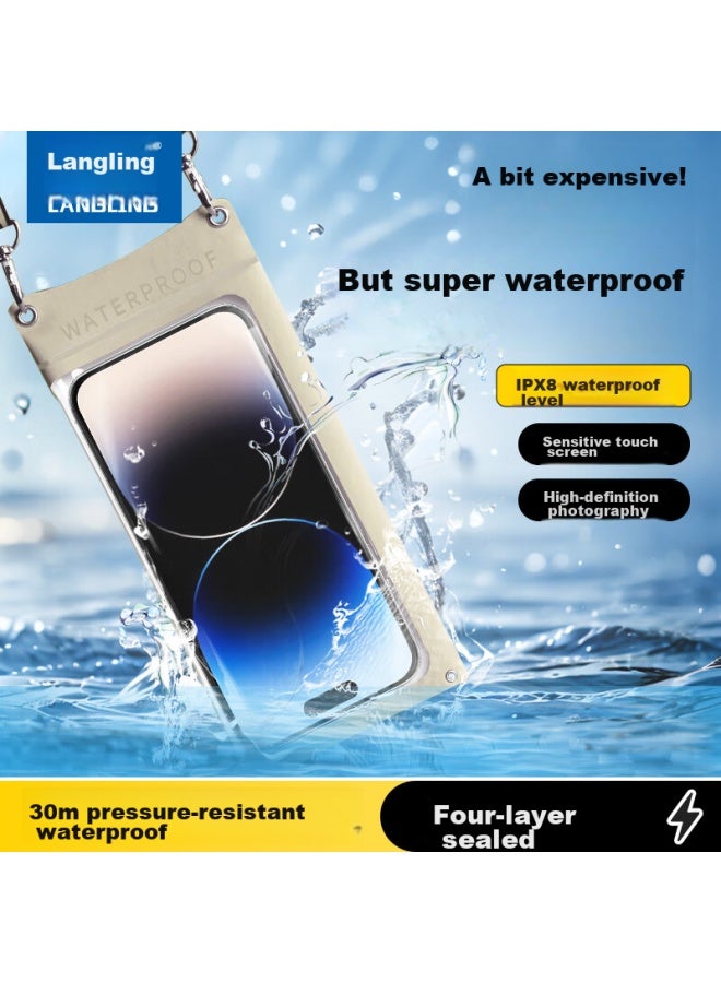 Langling Waterproof Phone Case, Outdoor Swimming Hot Spring Diving Bag, Food Delivery Courier Rider Special, Touchscreen Compatible, Dust-proof Cover, Large Phone Sealing Bag, Neck Strap, Side Double-layer Sealing, Gold - Image 1