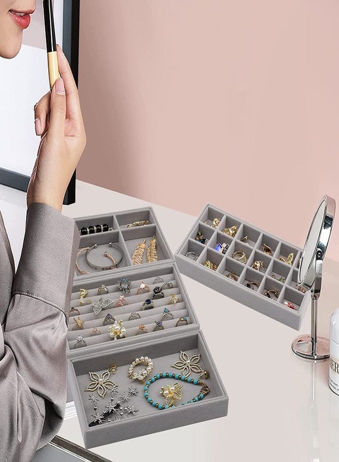 Shrevi 4PCS Stackable Velvet Jewelry Organizer For Drawer, Jewelry Storage Display Trays, Earring Bracelet Necklace Ring Organizer Holders For Women - Image 3