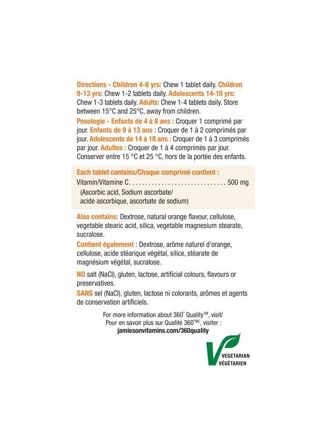 Jamieson Chewable Vitamin-C 500mg Value Supplement Pack(330 Count), Tangy Orange, (Imported from Canada)  - Image 5