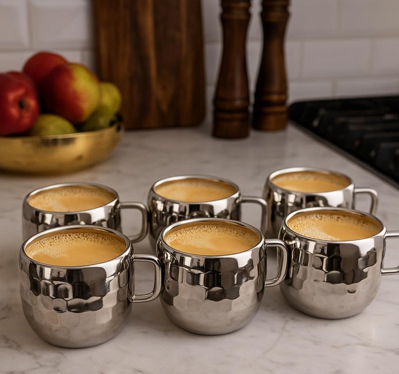 STEEPLE Hammered Stainless Steel Cup Set | 90 ml Tea Coffee Cups | Food Grade Rust-Proof Steel | Premium Textured Design | Elegant Gift Set for Home, Café & Office (Set of 6) - Image 3