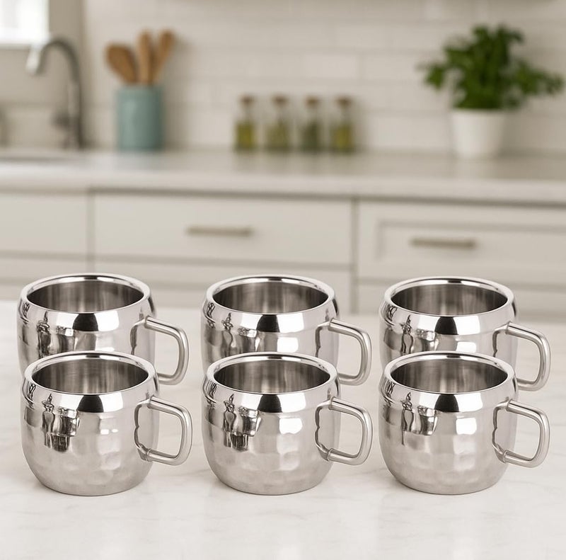STEEPLE Hammered Stainless Steel Cup Set | 90 ml Tea Coffee Cups | Food Grade Rust-Proof Steel | Premium Textured Design | Elegant Gift Set for Home, Café & Office (Set of 6) - Image 1