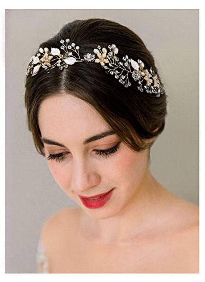 SWEETV - Gold Wedding Headband Flower Bridal Headpieces For Wedding Hair Accessories For Brides Hair Pieces Crystal Pearl Hair Vine - Image 1