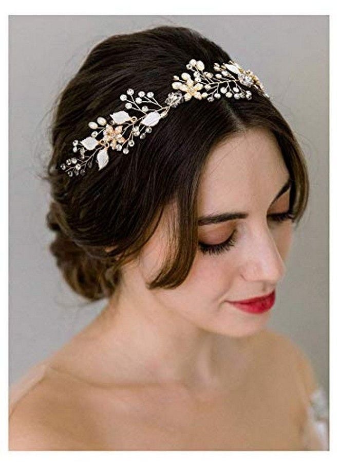 SWEETV - Gold Wedding Headband Flower Bridal Headpieces For Wedding Hair Accessories For Brides Hair Pieces Crystal Pearl Hair Vine - Image 1