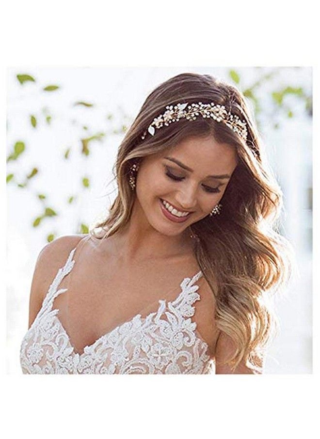 SWEETV - Gold Wedding Headband Flower Bridal Headpieces For Wedding Hair Accessories For Brides Hair Pieces Crystal Pearl Hair Vine - Image 1