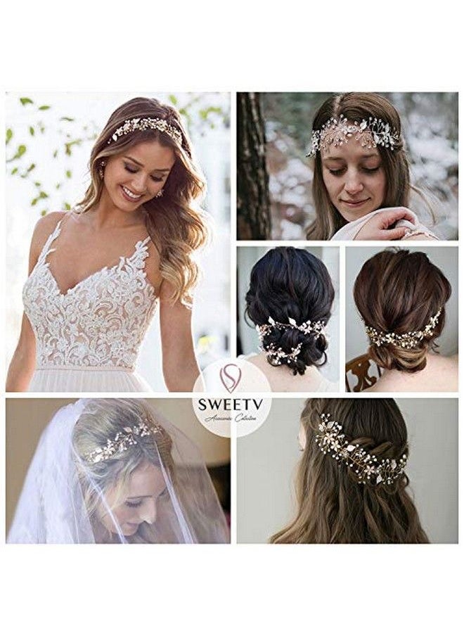SWEETV - Gold Wedding Headband Flower Bridal Headpieces For Wedding Hair Accessories For Brides Hair Pieces Crystal Pearl Hair Vine - Image 1