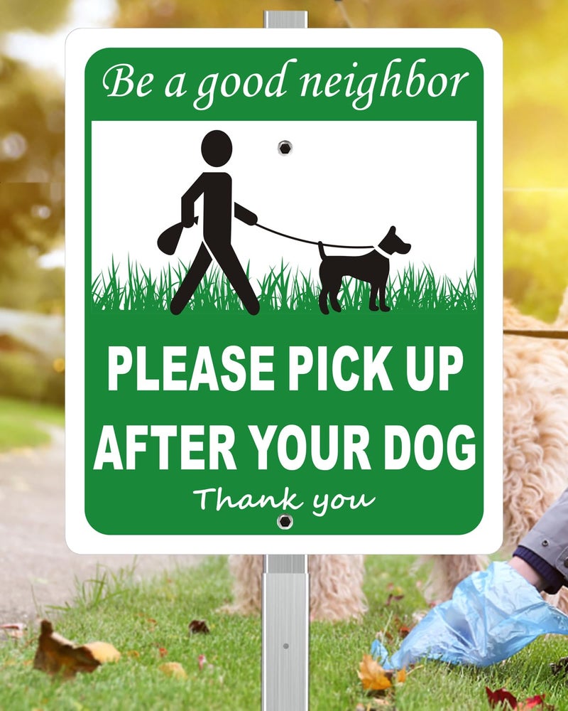 i-CowFun Heavy Duty Aluminum Pick Up After Your Dog Sign, 12" x 10" Metal Please Clean Up After Your Dog Signs With 28" Stake, Be A Good Neighbor Pick Up Your Dogs Poop Yard Sign, Polite, Weather Resistant - Image 1