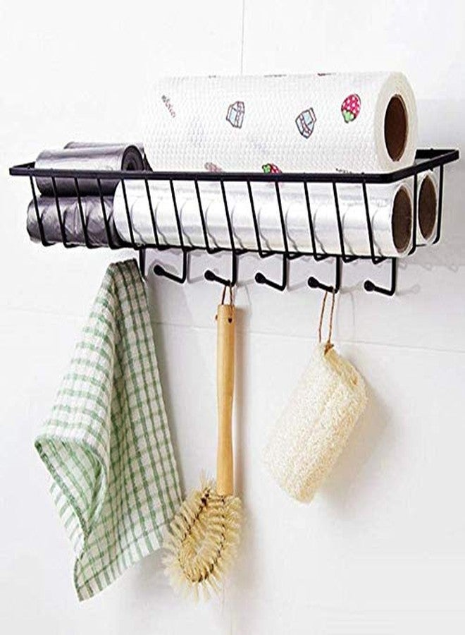 Dayish Multipurpose Metal Self Adhesive Bathroom Kitchen Wardrobe Hanging Organizer Storage Rack with 6 Hook Spoon Holder (Black) - Image 5