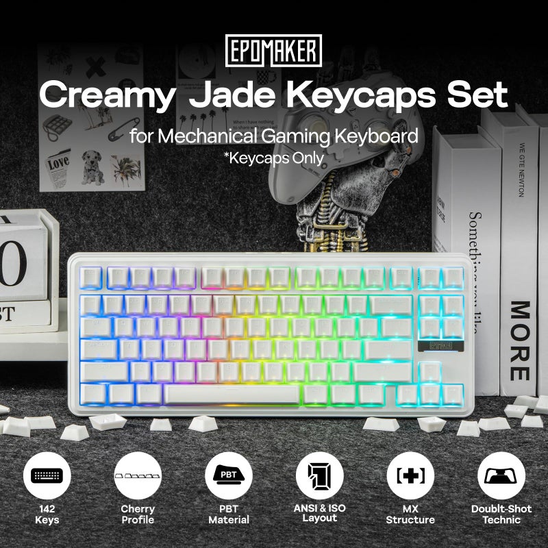 EPOMAKER Creamy Jade PBT Keycaps, 142 Keys, Double Shot, Cherry Profile, 60%/75%/96%/Full Size, Custom Keyboard Keycaps Set for Mechanical Gaming Keyboard (White) - Image 2