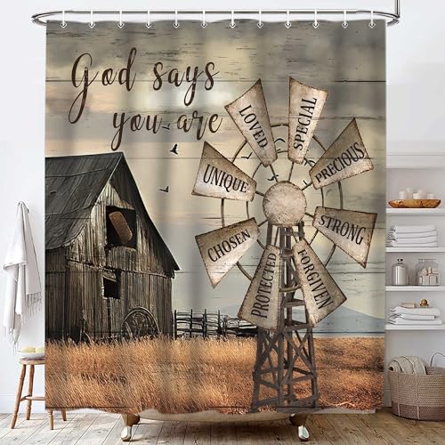 Jipusai Western Barn Windmill Shower Curtain Sets for Bathroom,Rustic Inspirational Quotes Country Vintage Shower Curtains, Waterproof Farmhouse Bathroom Bathbub Decor Curtains with Hooks 70X70IN - Image 1