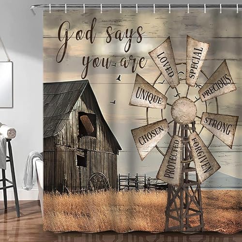 Jipusai Western Barn Windmill Shower Curtain Sets for Bathroom,Rustic Inspirational Quotes Country Vintage Shower Curtains, Waterproof Farmhouse Bathroom Bathbub Decor Curtains with Hooks 70X70IN - Image 3