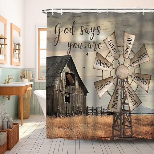 Jipusai Western Barn Windmill Shower Curtain Sets for Bathroom,Rustic Inspirational Quotes Country Vintage Shower Curtains, Waterproof Farmhouse Bathroom Bathbub Decor Curtains with Hooks 70X70IN - Image 2