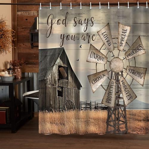 Jipusai Western Barn Windmill Shower Curtain Sets for Bathroom,Rustic Inspirational Quotes Country Vintage Shower Curtains, Waterproof Farmhouse Bathroom Bathbub Decor Curtains with Hooks 70X70IN - Image 4