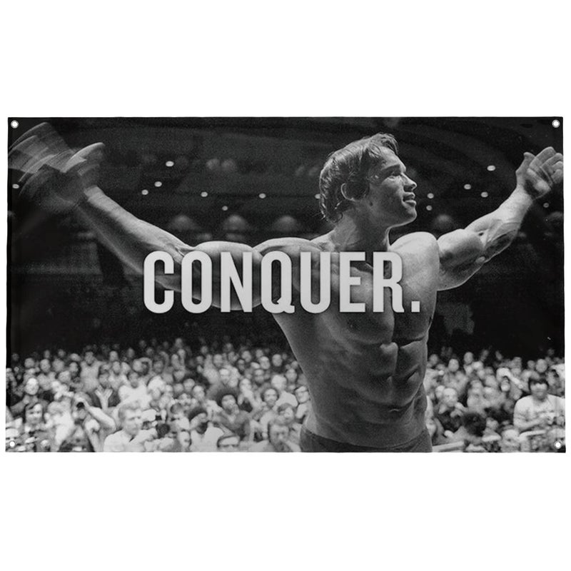 Banger  Original Arnold Schwarzenegger Conquer Motivational Inspirational Office Gym Dorm Wall Decor Design on a 3X5 Feet Flag with 4 Grommets for Easy Hanging Authentic BANGER FLAG