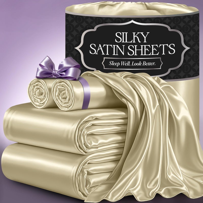 DECOLURE Satin Bed Sheets  4 Piece Luxury Silky King Size Bedding Set  Softer Than Silk WrinkleFree with 15 Deep Pocket Fitted Sheet Perfect for Hair  Skin Gifts for Women Champagne