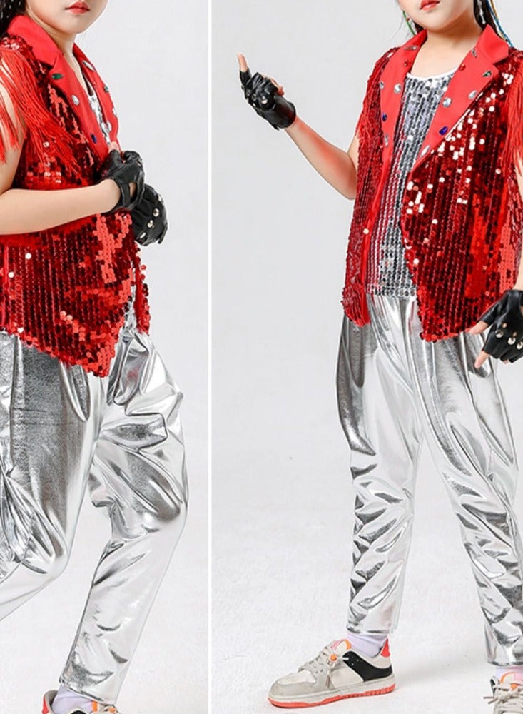 Al Aoyama boys child teens Sequins Top Sequins vest Pants Set Street Dance Outfits Hip Hop Jazz Dance Performance Costume Blue 5-18 Years  - Image 2