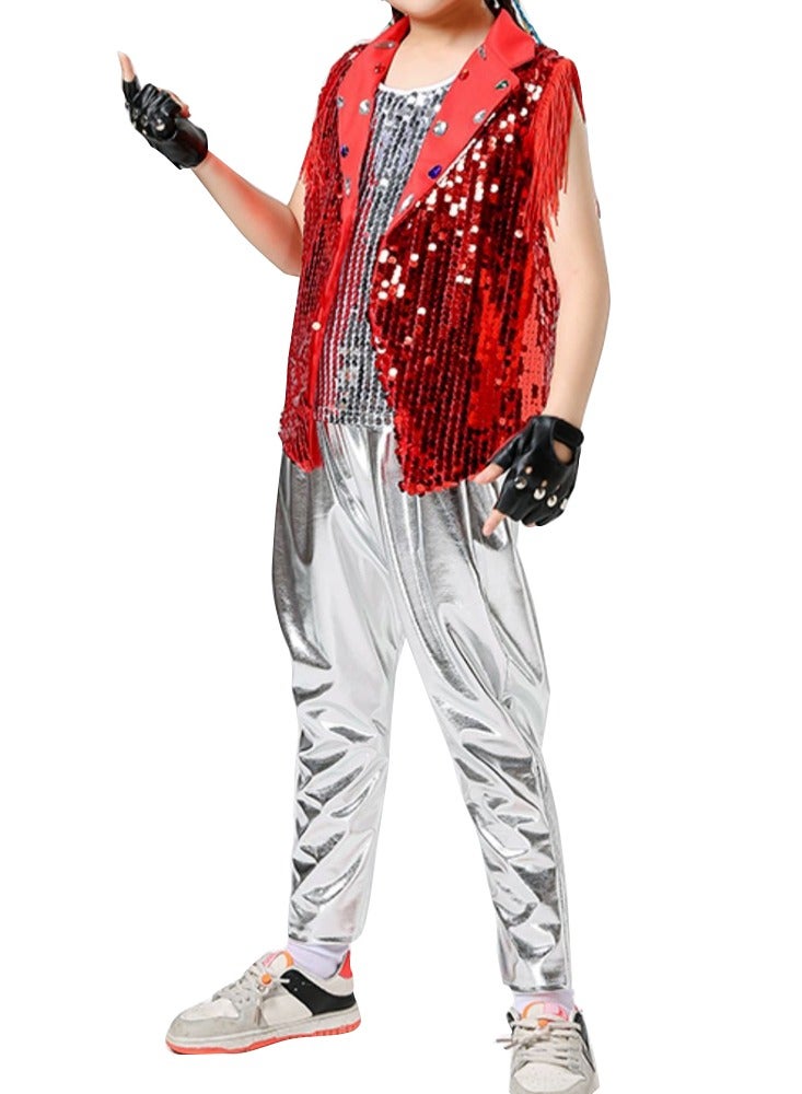Al Aoyama boys child teens Sequins Top Sequins vest Pants Set Street Dance Outfits Hip Hop Jazz Dance Performance Costume Blue 5-18 Years  - Image 1