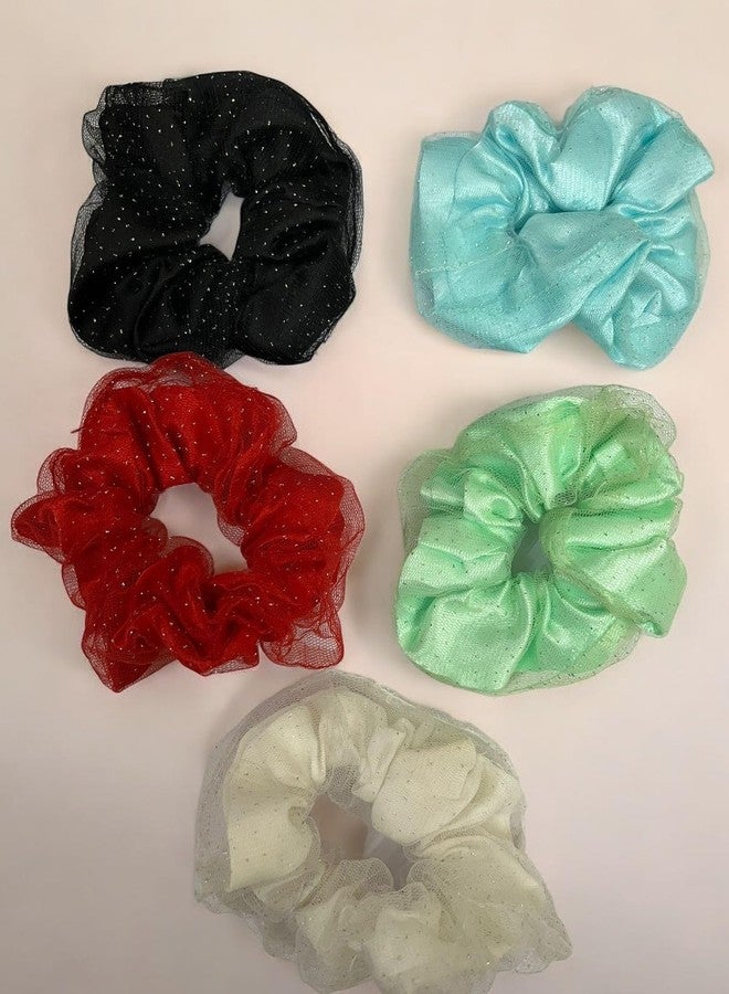 INARA Scrunchies for Women Hair Accessories Shimmer Net High Ponytail Rubber Band - Pack of 5 - Image 1