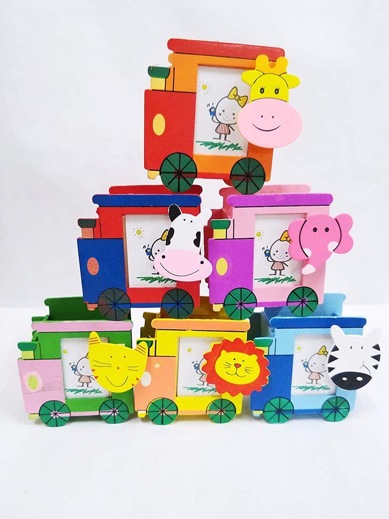 Goldleaf Wooden Pen Stand with Photo Frame Birthday Return Gifts for Kids (Multicolor, Pack of 6) (Train) - Image 1