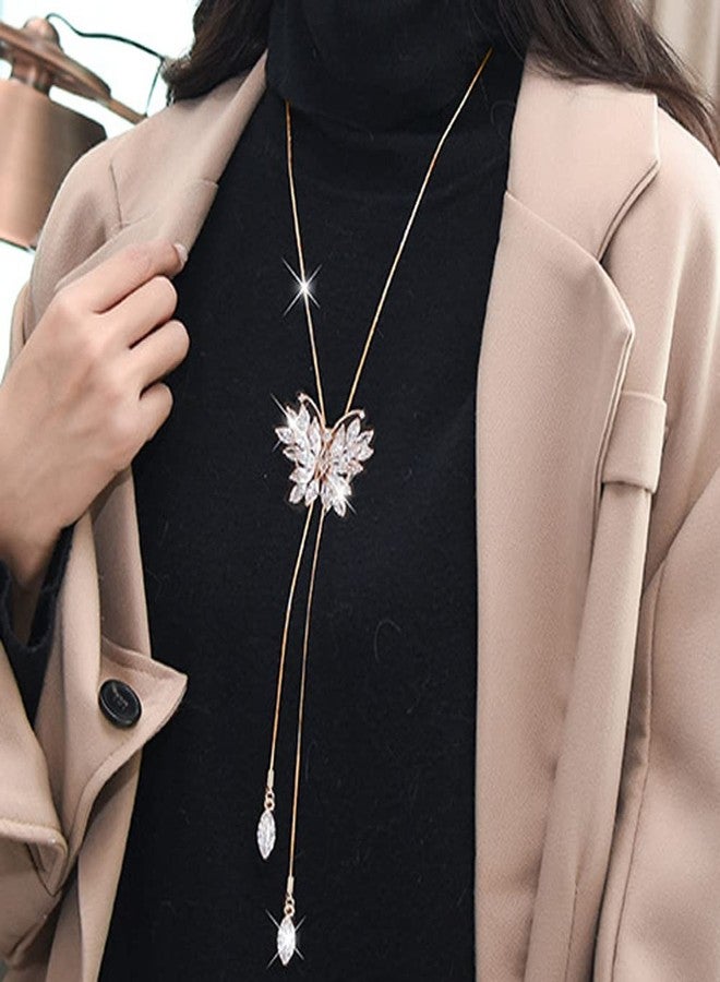 Wiwpar Sparkly Rhinestone Butterfly Y-Shaped Necklace Long Chain Necklace Butterfly Pendant Sweater Necklace Jewelry Accessories Dressy for Winter Evening Party Wedding (Gold) - Image 4