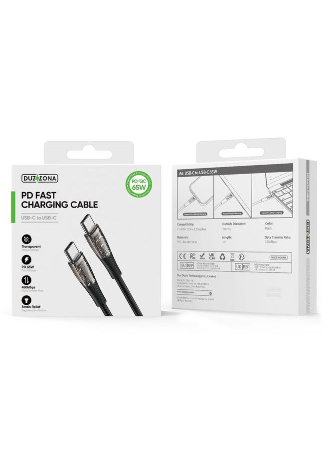 DUZZONA - DUZZONA  A6 65W USB-C/Type-C to USB-C/Type-C Transparent Fast Charging Data Cable, Length: 1m(Black) - Image 1