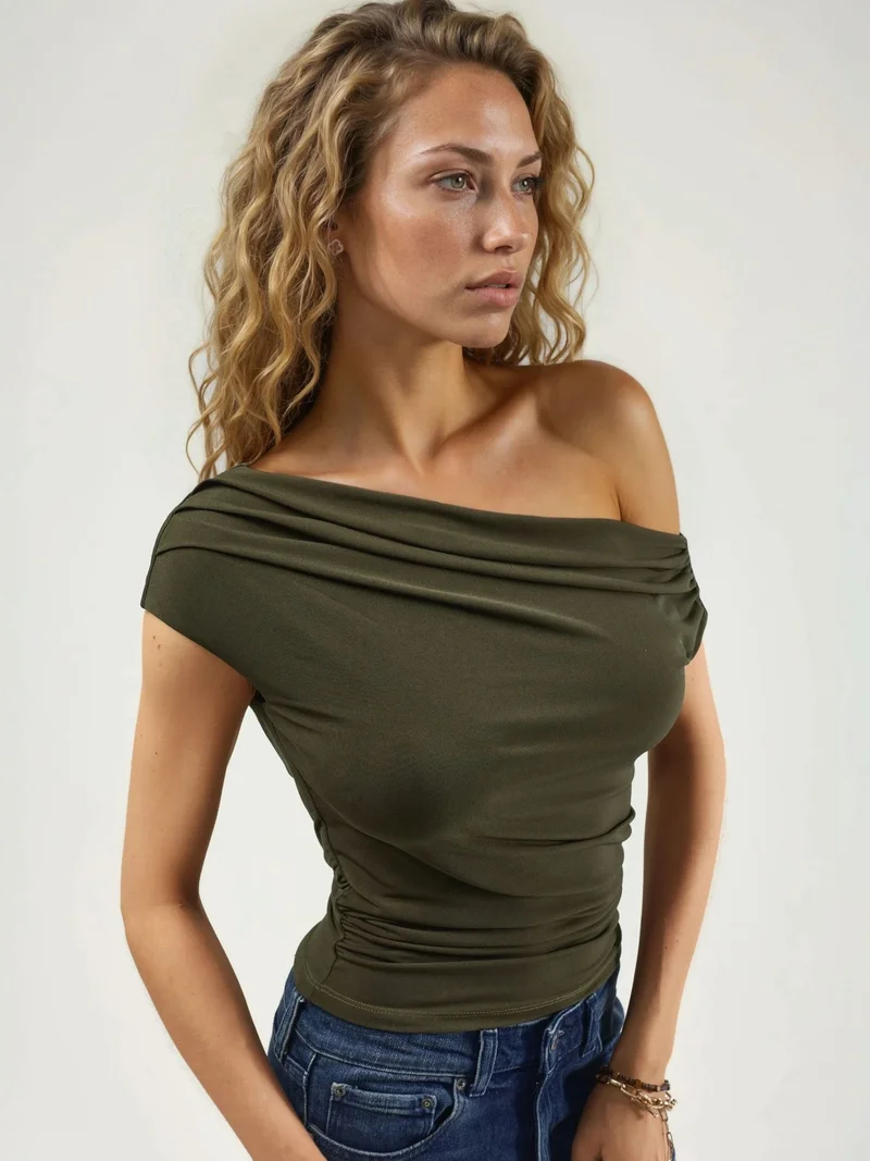 HICCUP Asymmetrical Neck One-Shoulder Sandy Blouse