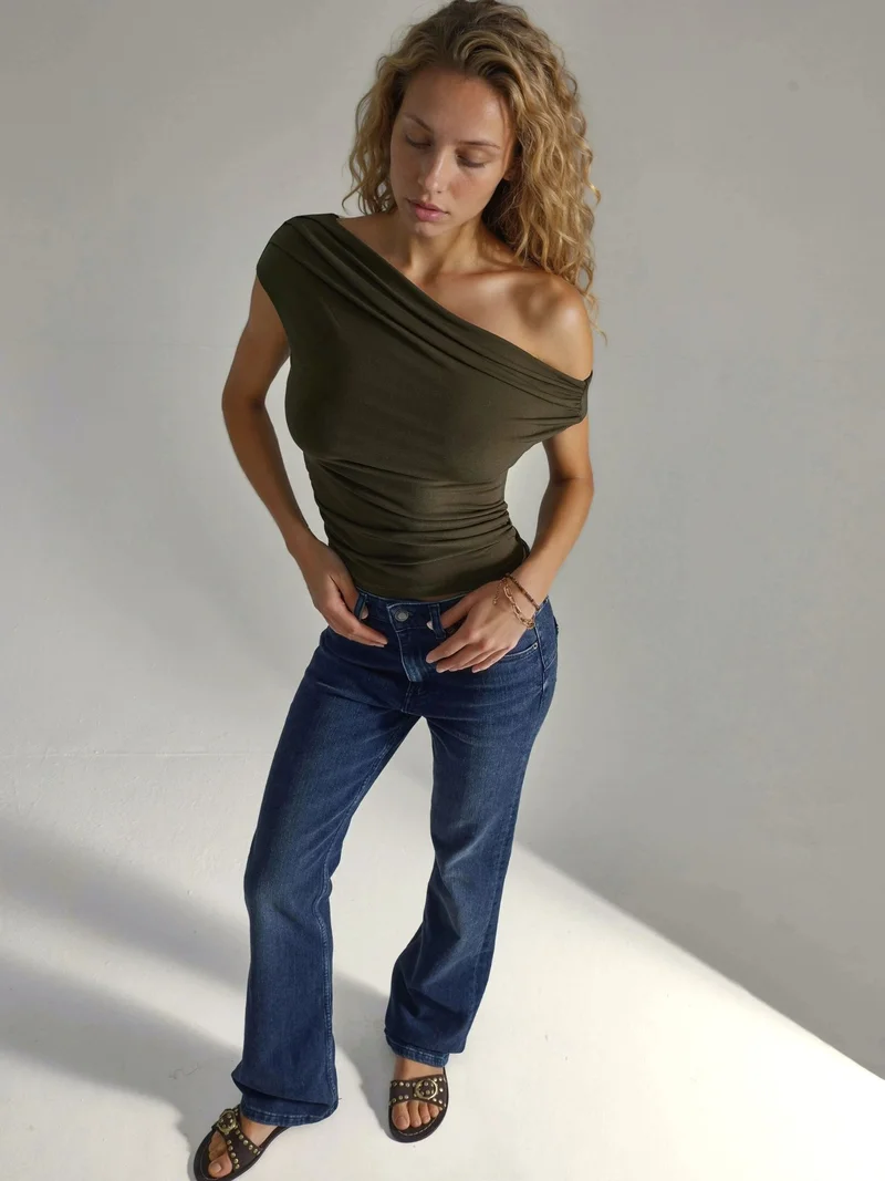 Hiccup Khaki Green Asymmetrical Neck One-Shoulder Sandy Blouse for Women | Best Price UAE