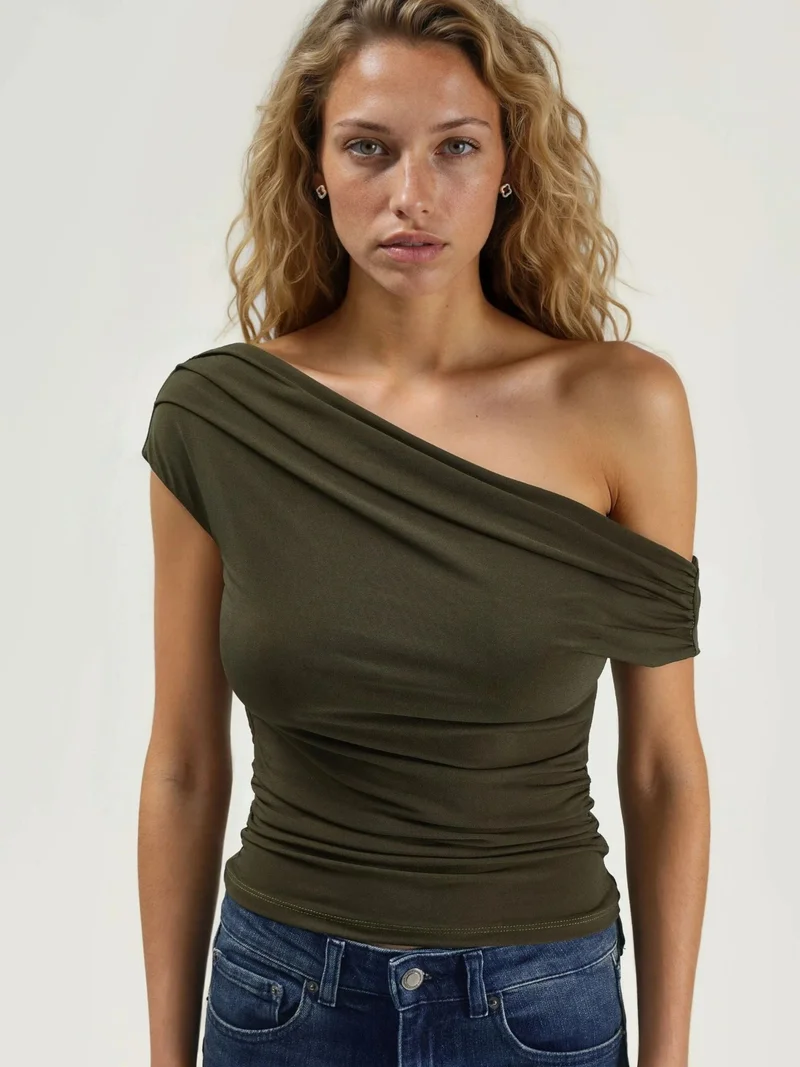 Hiccup Khaki Green Asymmetrical Neck One-Shoulder Sandy Blouse for Women | Best Price UAE