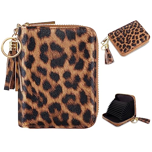 Coco Rossi Women's Small Credit Card Wallet RFID Cute Card Holder for Women with Tassel, Leopard - Image 1
