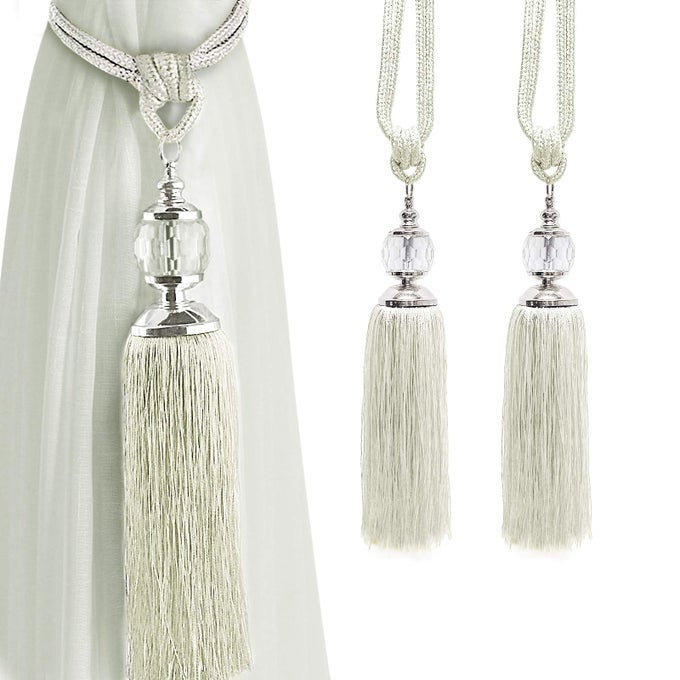CURTAIN TIEBACKS CRYSTAL CURTAIN HOLDBACKS HOOKS HANDMADE CURTAIN TIEBACK ROPE TASSEL BEAD BALL CURTAIN TIE BACKS HOLDER HOME DECORATION 2 PACK BEIGE WHITE