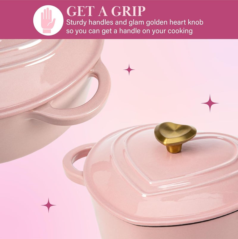 Paris Hilton وعاء طهي هولندي على شكل قلب من الحديد الزهر المينا من باريس هيلتون مع غطاء ومقابض مزدوجة يعمل على جميع مواقد الطهي آمن للاستخدام في الفرن حتى 500 درجة فهرنهايت سعة 2 لتر باللون الوردي - Image 5