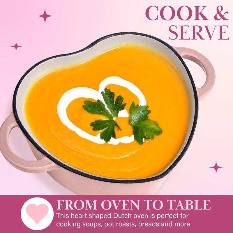 Paris Hilton وعاء طهي هولندي على شكل قلب من الحديد الزهر المينا من باريس هيلتون مع غطاء ومقابض مزدوجة يعمل على جميع مواقد الطهي آمن للاستخدام في الفرن حتى 500 درجة فهرنهايت سعة 2 لتر باللون الوردي - Image 3