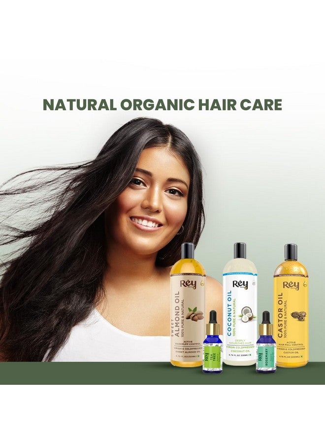 Rey Naturals Hair Growth Combo - Rosemary Oil, Tea Tree Oil, Coconut Oil, Almond Oil & Castor Oil For Hair Growth, Acne, Dark Spots, Healthy & Dandruff Free Scalp & Hairfall Control - 15Ml*2 & 200Ml*3 - Image 2