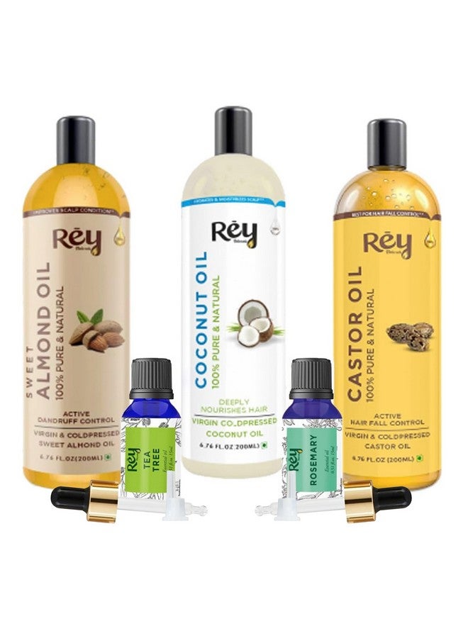 Rey Naturals Hair Growth Combo - Rosemary Oil, Tea Tree Oil, Coconut Oil, Almond Oil & Castor Oil For Hair Growth, Acne, Dark Spots, Healthy & Dandruff Free Scalp & Hairfall Control - 15Ml*2 & 200Ml*3 - Image 1