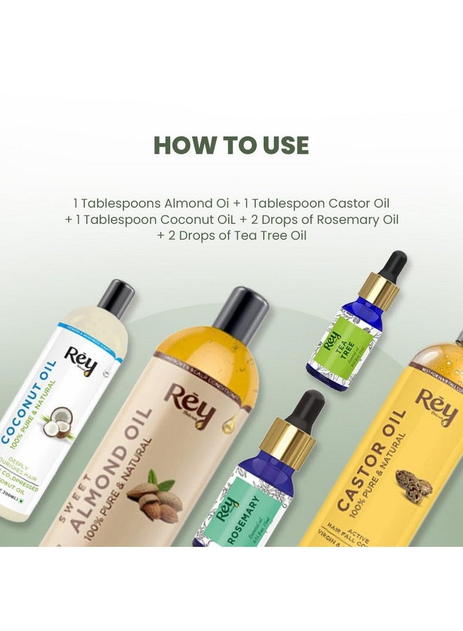 Rey Naturals Hair Growth Combo - Rosemary Oil, Tea Tree Oil, Coconut Oil, Almond Oil & Castor Oil For Hair Growth, Acne, Dark Spots, Healthy & Dandruff Free Scalp & Hairfall Control - 15Ml*2 & 200Ml*3 - Image 4