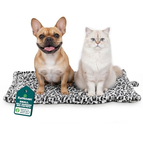 Furhaven ThermaNAP SelfWarming Cat Bed for Indoor Cats Small Dogs Washable Reflects Body Heat Quilted Faux Fur Reflective Bed Mat Snow Leopard Small - Image 1