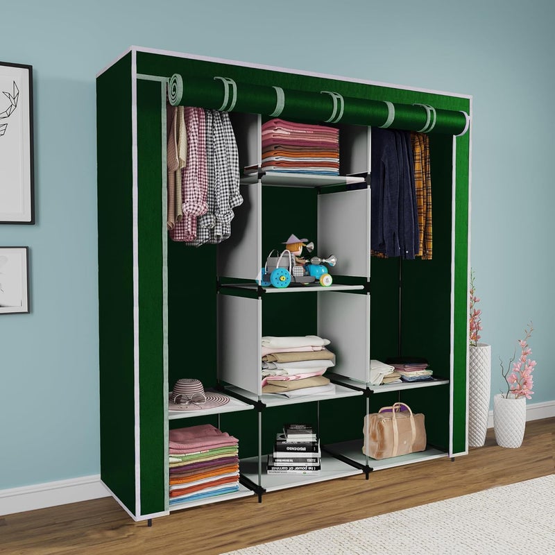 Whitecloud TRANSFORMING HOMES Whitecloud TRANSFORMING HOMES Collapsible Wardrobe Closet for Clothes Almira 2 Hanging Space 8 Shelves NonWoven Fabric 88230 Green  - Image 1