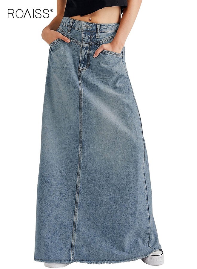 رويس تنورة ماكسي نسائية من قماش الدنيم الكلاسيكي، ذات حاشية خام مهترئة، وخصر مرتفع، وتنورة جينز طويلة على شكل حرف A، وتنورة طويلة تناسب جميع الأذواق، مع جيوب للنساء - Image 4
